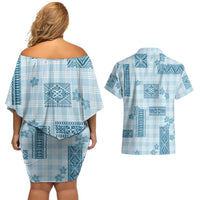 Hawaiian Quilt Tapa On Cold Blue Palaka Motifs Couples Matching Off Shoulder Short Dress and Hawaiian Shirt LT7 - Polynesian Pride