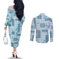Hawaiian Quilt Tapa On Cold Blue Palaka Motifs Couples Matching Off The Shoulder Long Sleeve Dress and Long Sleeve Button Shirt LT7 - Polynesian Pride
