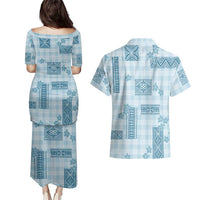 Hawaiian Quilt Tapa On Cold Blue Palaka Motifs Couples Matching Puletasi and Hawaiian Shirt LT7 - Polynesian Pride