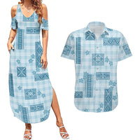 Hawaiian Quilt Tapa On Cold Blue Palaka Motifs Couples Matching Summer Maxi Dress and Hawaiian Shirt LT7 Azure - Polynesian Pride