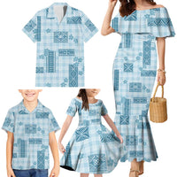 Hawaiian Quilt Tapa On Cold Blue Palaka Motifs Family Matching Mermaid Dress and Hawaiian Shirt LT7 - Polynesian Pride