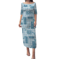 Hawaiian Quilt Tapa On Cold Blue Palaka Motifs Family Matching Puletasi and Hawaiian Shirt