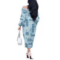Hawaiian Quilt Tapa On Cold Blue Palaka Motifs Off The Shoulder Long Sleeve Dress LT7 - Polynesian Pride