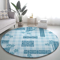 Hawaiian Quilt Tapa On Cold Blue Palaka Motifs Round Carpet