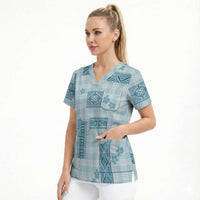 Hawaiian Quilt Tapa On Cold Blue Palaka Motifs Scrub Top LT7 - Polynesian Pride