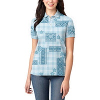 Hawaiian Quilt Tapa On Cold Blue Palaka Motifs Women Polo Shirt LT7 - Polynesian Pride