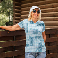 Hawaiian Quilt Tapa On Cold Blue Palaka Motifs Women Polo Shirt LT7 - Polynesian Pride
