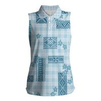 Hawaiian Quilt Tapa On Cold Blue Palaka Motifs Women Sleeveless Polo Shirt LT7 Female Azure - Polynesian Pride