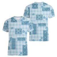 Hawaiian Quilt Tapa On Cold Blue Palaka Motifs Women V-Neck T-Shirt LT7 - Polynesian Pride