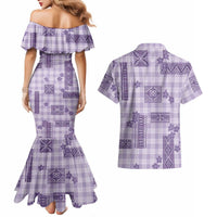 Hawaiian Quilt Tapa On Lilac Palaka Motifs Couples Matching Mermaid Dress and Hawaiian Shirt