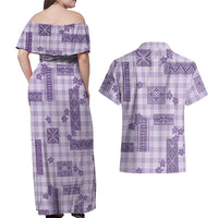 Hawaiian Quilt Tapa On Lilac Palaka Motifs Couples Matching Off Shoulder Maxi Dress and Hawaiian Shirt LT7 - Polynesian Pride