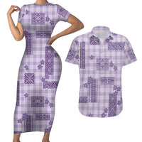 Hawaiian Quilt Tapa On Lilac Palaka Motifs Couples Matching Short Sleeve Bodycon Dress and Hawaiian Shirt
