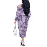 Hawaiian Quilt Tapa On Lilac Palaka Motifs Off The Shoulder Long Sleeve Dress LT7 - Polynesian Pride