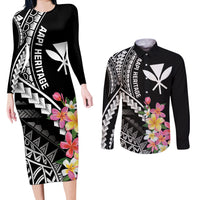 AAPI Heritage Month Couples Matching Long Sleeve Bodycon Dress and Long Sleeve Button Shirt Kanaka Hawaii Plumeria LT7 Black - Polynesian Pride