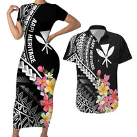 AAPI Heritage Month Couples Matching Short Sleeve Bodycon Dress and Hawaiian Shirt Kanaka Hawaii Plumeria LT7 Black - Polynesian Pride