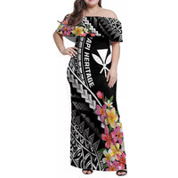 AAPI Heritage Month Family Matching Off Shoulder Maxi Dress and Hawaiian Shirt Kanaka Hawaii Plumeria LT7 Mom's Dress Black - Polynesian Pride
