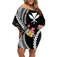AAPI Heritage Month Family Matching Off Shoulder Short Dress and Hawaiian Shirt Kanaka Hawaii Plumeria LT7 Mom's Dress Black - Polynesian Pride