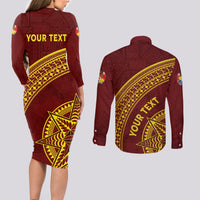 Tonga High School Couples Matching Long Sleeve Bodycon Dress and Long Sleeve Button Shirt THS Anniversary Ngatu Motif
