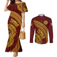 Tonga High School Couples Matching Mermaid Dress and Long Sleeve Button Shirt THS Anniversary Ngatu Motif LT7 Maroon - Polynesian Pride