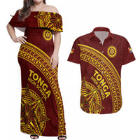 Tonga High School Couples Matching Off Shoulder Maxi Dress and Hawaiian Shirt THS Anniversary Ngatu Motif LT7 Maroon - Polynesian Pride