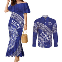 Tupou College Toloa Couples Matching Mermaid Dress and Long Sleeve Button Shirt Ngatu Tapa Mix Style LT7 Blue - Polynesian Pride