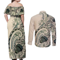 Aloha Hawaii Tapa Couples Matching Off Shoulder Maxi Dress and Long Sleeve Button Shirt Summer Green Hawaiian Ipu - Polynesian Pride