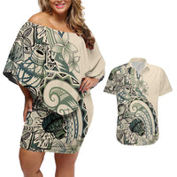 Aloha Hawaii Tapa Couples Matching Off Shoulder Short Dress and Hawaiian Shirt Summer Green Hawaiian Ipu - Polynesian Pride