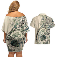 Aloha Hawaii Tapa Couples Matching Off Shoulder Short Dress and Hawaiian Shirt Summer Green Hawaiian Ipu - Polynesian Pride