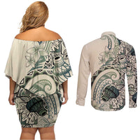Aloha Hawaii Tapa Couples Matching Off Shoulder Short Dress and Long Sleeve Button Shirt Summer Green Hawaiian Ipu - Polynesian Pride