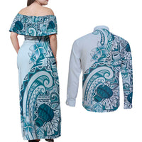 Aloha Hawaii Tapa Couples Matching Off Shoulder Maxi Dress and Long Sleeve Button Shirt Cool Turquoise Hawaiian Ipu - Polynesian Pride