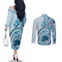 Aloha Hawaii Tapa Couples Matching Off The Shoulder Long Sleeve Dress and Long Sleeve Button Shirt Cool Turquoise Hawaiian Ipu - Polynesian Pride