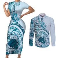 Aloha Hawaii Tapa Couples Matching Short Sleeve Bodycon Dress and Long Sleeve Button Shirt Cool Turquoise Hawaiian Ipu - Polynesian Pride
