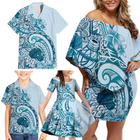 Aloha Hawaii Tapa Family Matching Off Shoulder Short Dress and Hawaiian Shirt Cool Turquoise Hawaiian Ipu - Polynesian Pride