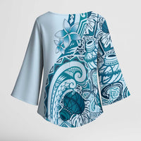 Aloha Hawaii Tapa Kimono Sleeve Blouse Cool Turquoise Hawaiian Ipu - Polynesian Pride