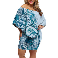 Aloha Hawaii Tapa Off Shoulder Short Dress Cool Turquoise Hawaiian Ipu - Polynesian Pride