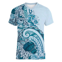 Aloha Hawaii Tapa Women V-Neck T-Shirt Cool Turquoise Hawaiian Ipu - Polynesian Pride