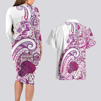 Aloha Hawaii Tapa Couples Matching Long Sleeve Bodycon Dress and Hawaiian Shirt Vibrant Fuchsia Hawaiian Ipu - Polynesian Pride