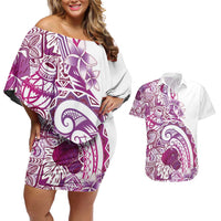 Aloha Hawaii Tapa Couples Matching Off Shoulder Short Dress and Hawaiian Shirt Vibrant Fuchsia Hawaiian Ipu - Polynesian Pride