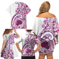 Aloha Hawaii Tapa Family Matching Off Shoulder Short Dress and Hawaiian Shirt Vibrant Fuchsia Hawaiian Ipu - Polynesian Pride