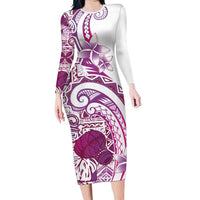 Aloha Hawaii Tapa Long Sleeve Bodycon Dress Vibrant Fuchsia Hawaiian Ipu LT7 Long Dress Fuchsia - Polynesian Pride