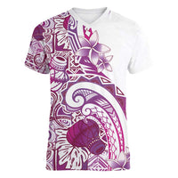 Aloha Hawaii Tapa Women V-Neck T-Shirt Vibrant Fuchsia Hawaiian Ipu - Polynesian Pride