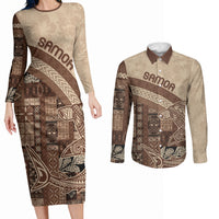 Samoa Mamanu Siapo Mocha Couples Matching Long Sleeve Bodycon Dress and Long Sleeve Button Shirt Tatau Malie