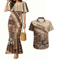 Samoa Mamanu Siapo Mocha Couples Matching Mermaid Dress and Hawaiian Shirt Tatau Malie