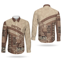Samoa Mamanu Siapo Mocha Couples Matching Off The Shoulder Long Sleeve Dress and Long Sleeve Button Shirt Tatau Malie