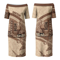 Samoa Mamanu Siapo Mocha Couples Matching Puletasi and Long Sleeve Button Shirt Tatau Malie