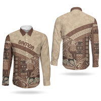 Samoa Mamanu Siapo Mocha Couples Matching Tank Maxi Dress and Long Sleeve Button Shirt Tatau Malie