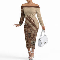 Samoa Mamanu Siapo Mocha Off The Shoulder Long Sleeve Dress Tatau Malie