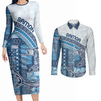 Samoa Mamanu Siapo Royal Blue Couples Matching Long Sleeve Bodycon Dress and Long Sleeve Button Shirt Tatau Malie