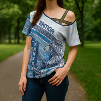 Samoa Mamanu Siapo Royal Blue Cross Shoulder Shirt Tatau Malie