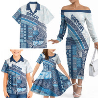 Samoa Mamanu Siapo Royal Blue Family Matching Off The Shoulder Long Sleeve Dress and Hawaiian Shirt Tatau Malie